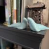 Two small, blue ceramic seal figurines sit side by side on a black shelf, with books and a decorative lantern in the background.