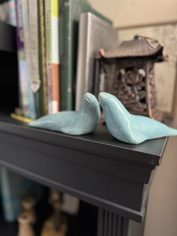 Two small, blue ceramic seal figurines sit side by side on a black shelf, with books and a decorative lantern in the background.