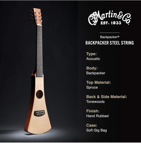 A narrow, lightweight acoustic guitar with a natural wood finish stands upright on a dark background, alongside text listing its features, including steel strings, spruce top, tonewood body, and a soft gig bag.