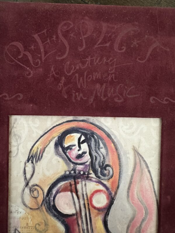 The RESPECT Women in Music Box Set features a maroon frame with "RESPECT: A Century of Women in Music" in cursive, surrounding vibrant abstract art of a woman playing a string instrument, celebrating women’s musical legacy.