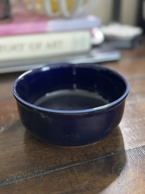 A dark blue ceramic bowl sits on a wooden surface. In the background, a blurred book with the partial title OF ART is visible, along with other indistinct objects. Sunlight softly illuminates the bowl and the table.