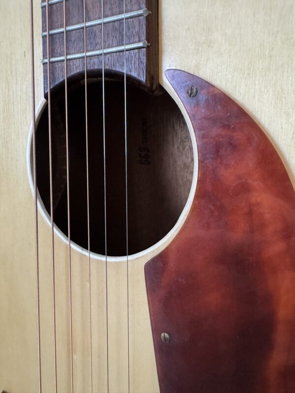 Close-up of a Silvertone 1960's 699 Guitar sound hole, strings, and red-brown pickguard with two screws. The wood grain and part of the fingerboard are visible, along with the guitar’s dimly lit interior.