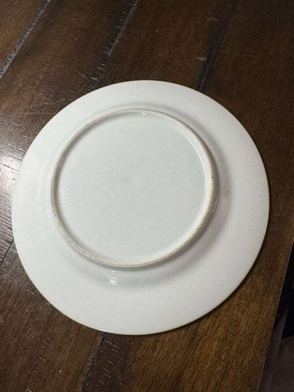 A plain white ceramic plate is shown upside down on a dark wooden surface. The plate has a smooth texture with a slightly raised circular base and no visible patterns or designs. The wood has a few scratches and visible grain.