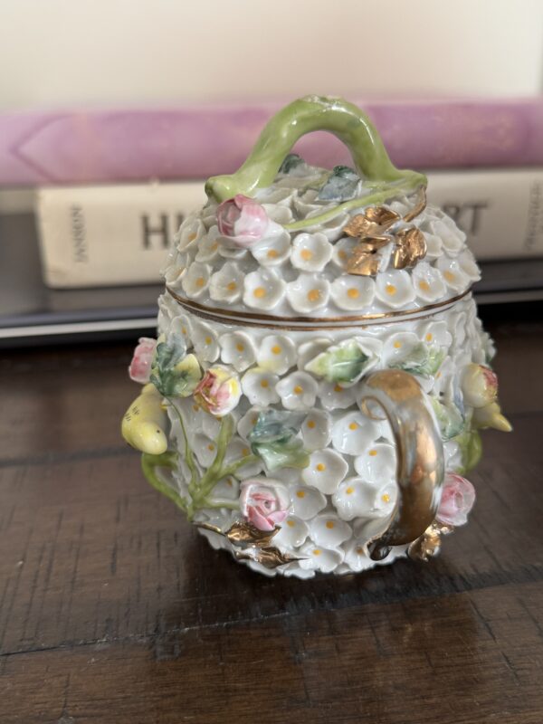 The Meissen Schneeballen Cup, a small ornate porcelain piece with a green handle, golden accents, and textured white flowers plus pastel pink and yellow roses, rests on dark wood with blurred beige-spined books in the background.