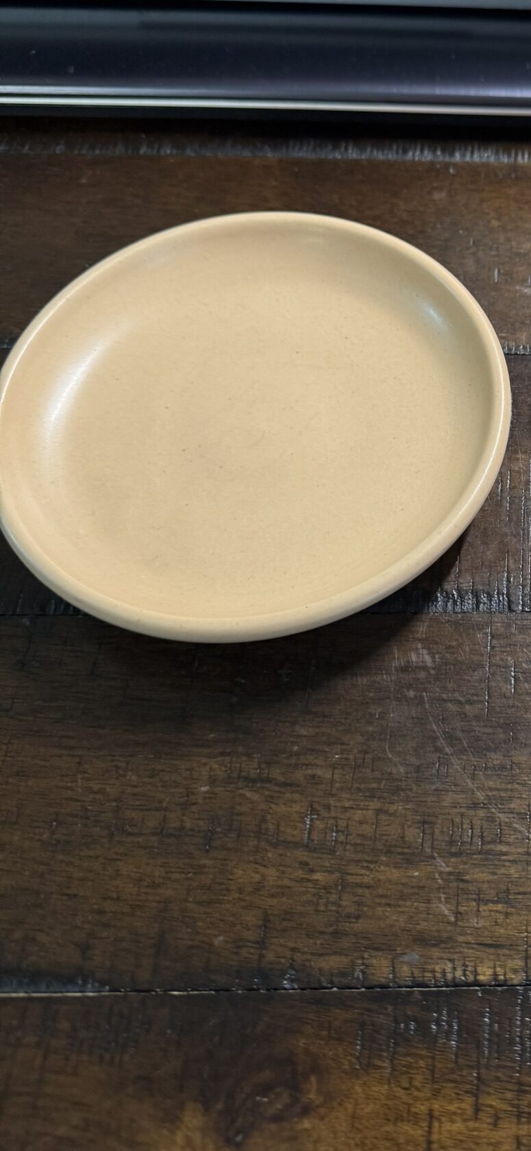 Two small round tan plates on a dark wooden table; the plate on the right has an area of sticker residue. In the background, there are stacked books, a closed laptop, and part of a lamp visible. The scene looks like a desk or workspace.
