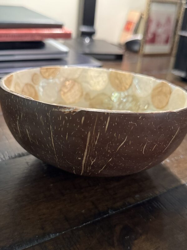 The Woulind Chile Serving Dish, a small round bowl crafted from coconut shell with a brown textured exterior and glossy cream interior accented by gold circles, sits on a dark wooden table with books, a laptop, and picture frames in the background.