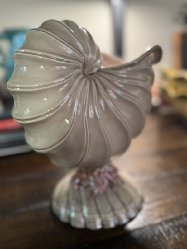 A glossy, spiral seashell-shaped ceramic vase with a fluted texture and iridescent beige-pink finish sits on a dark wooden surface next to the Woulind Chile Serving Dish; the softly blurred background enhances the elegant display.
