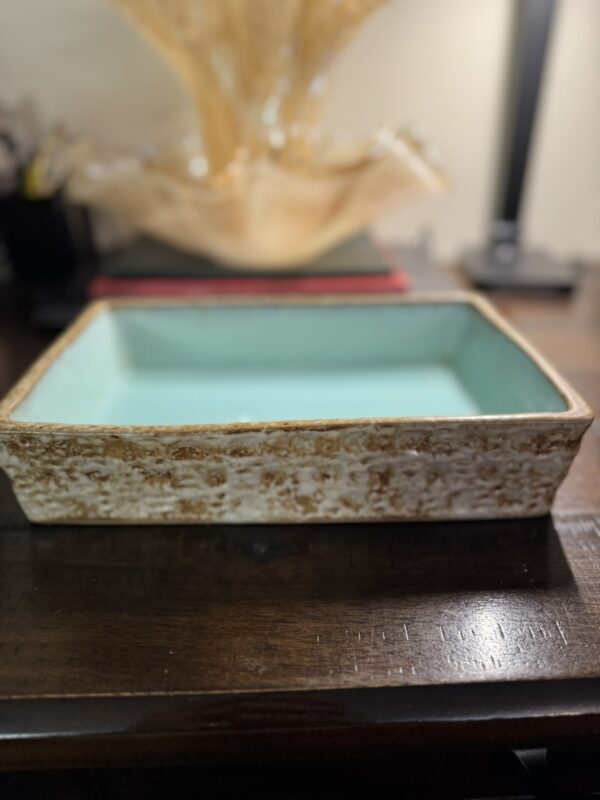 The Terracotta Bonsai Planter, featuring a rectangular shape with a textured speckled brown and white exterior and smooth light blue interior, rests on a dark wooden table, with blurred books and decorative objects in the background.