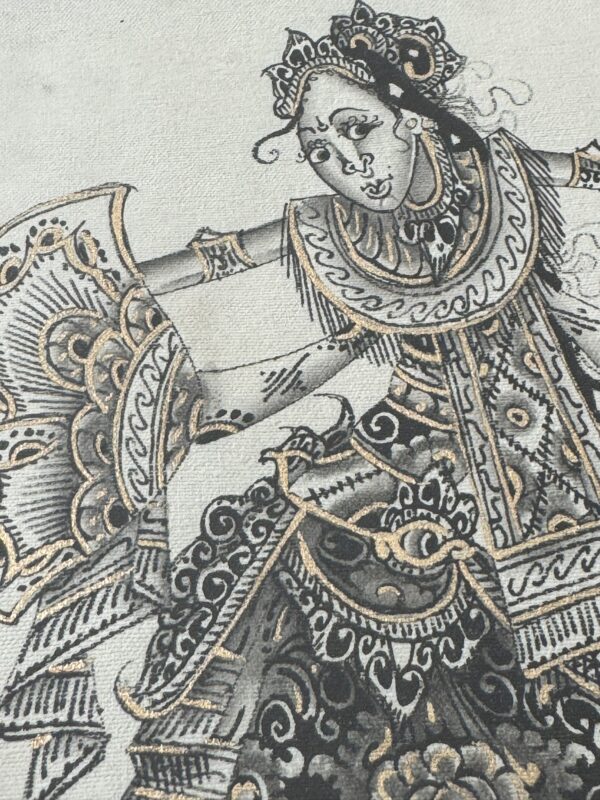A detailed drawing of a dancer in traditional attire, featuring intricate patterns in black and gold. The dancer has ornate jewelry, a crown, and expressive facial features, with one arm raised and a flowing, decorated garment accentuating movement.