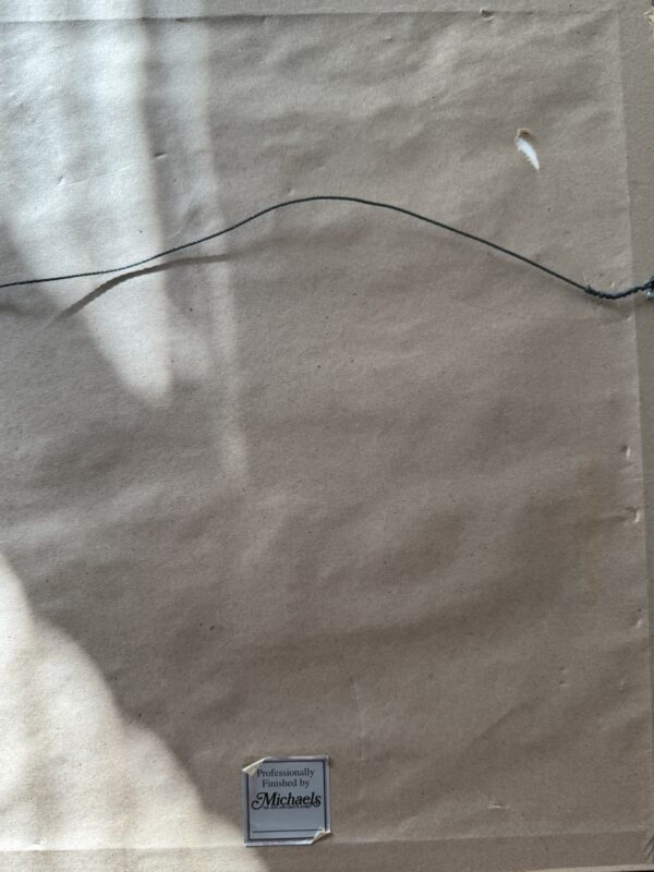 A shadowed hand is cast on the brown paper backing of a framed item. A wire for hanging stretches across the upper part. There is a small tear on the top right. At the bottom, a label reads: Professionally Framed by Michaels.