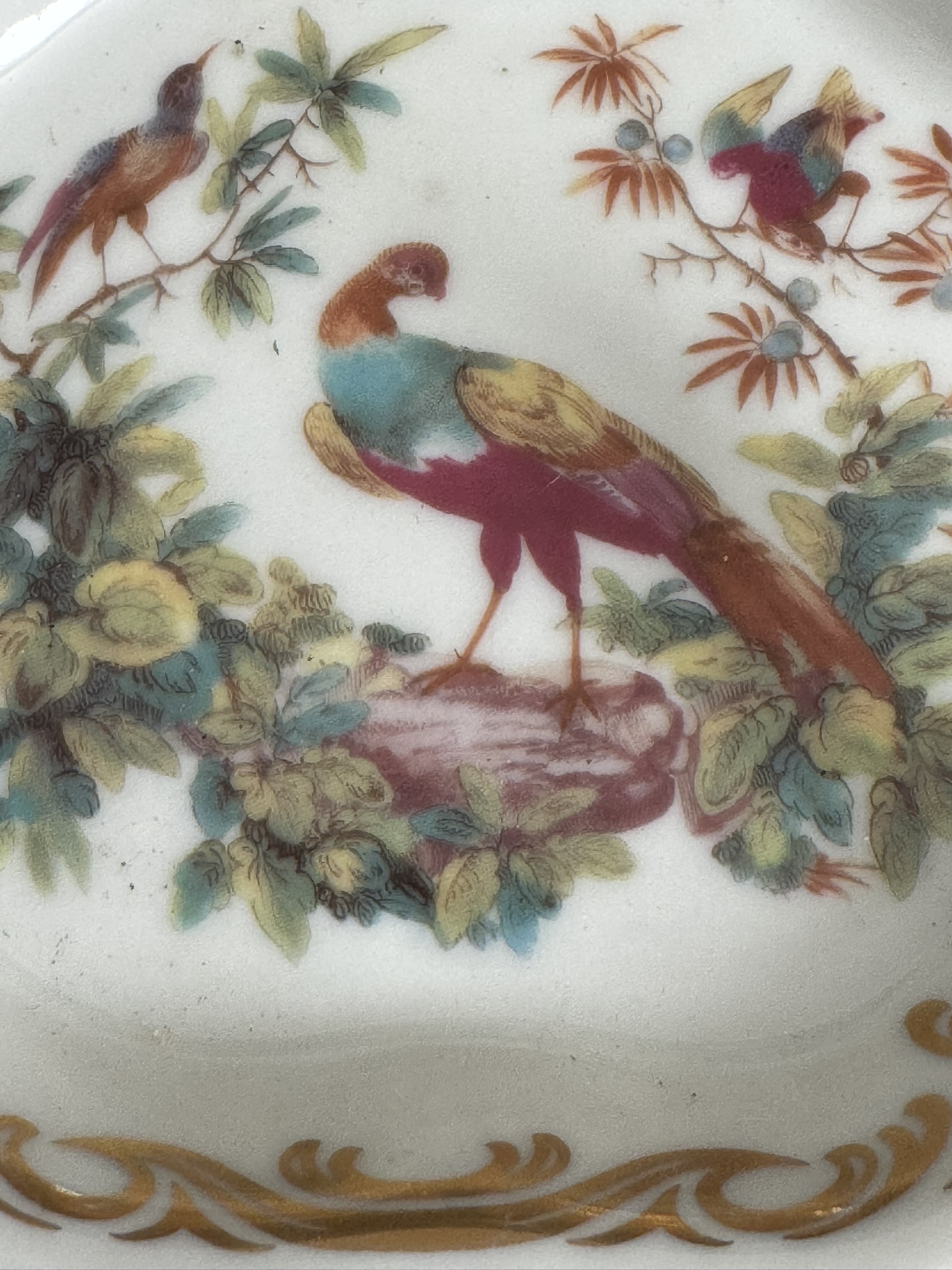 The Sadek Bird Dish features a porcelain design with three birds on leafy branches, one standing on a rock. Ornate gold scrolls accent the border of this colorful and detailed decorative dish.