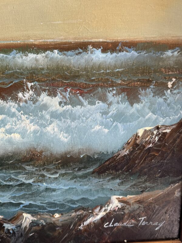 A painted seascape shows foamy turquoise waves crashing against dark brown rocks. The sky above is tan, and the artists signature, claude Terry, is visible in white at the bottom right corner. The overall texture is vivid and expressive.