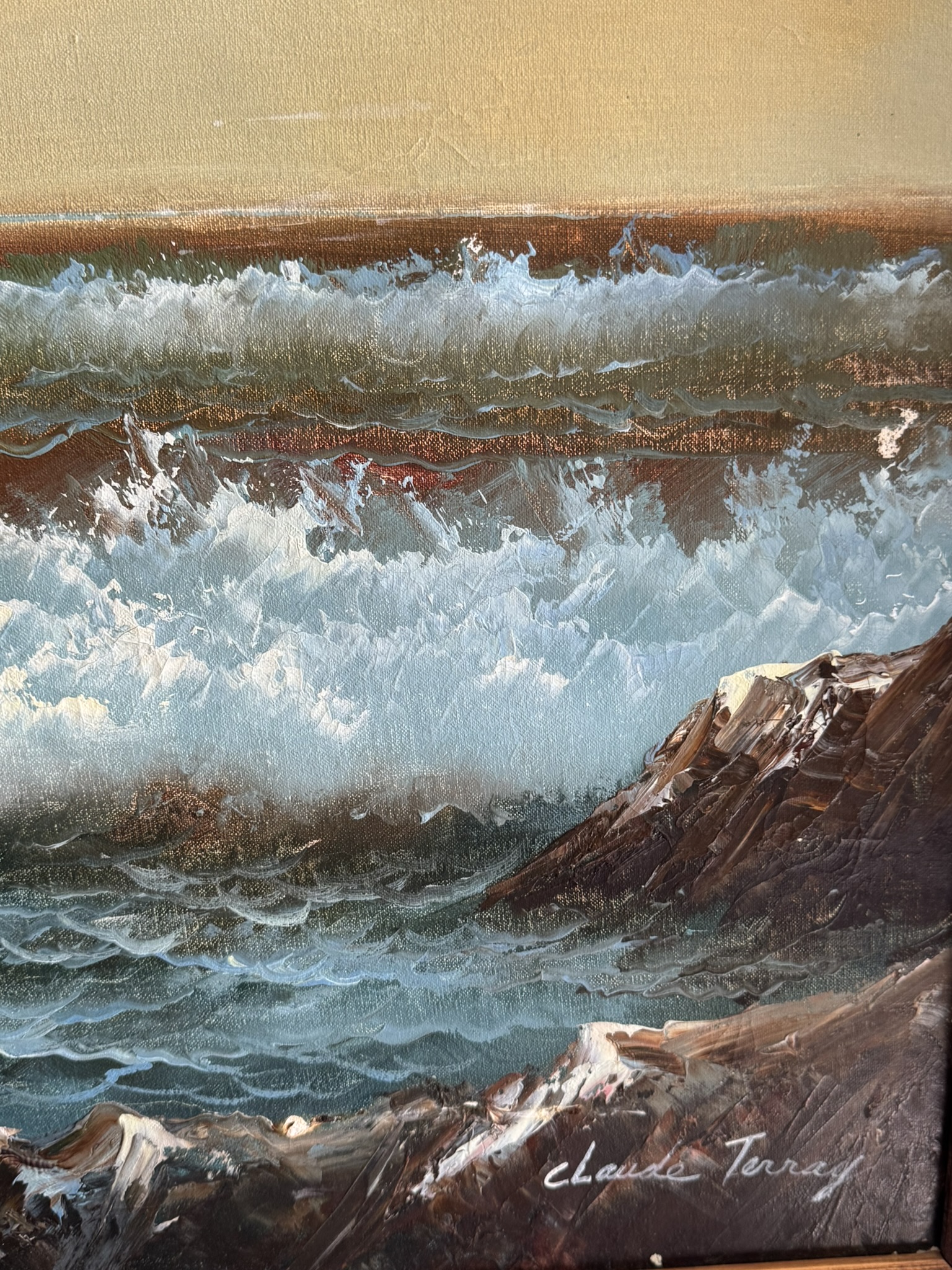 A painted seascape shows foamy turquoise waves crashing against dark brown rocks. The sky above is tan, and the artists signature, claude Terry, is visible in white at the bottom right corner. The overall texture is vivid and expressive.