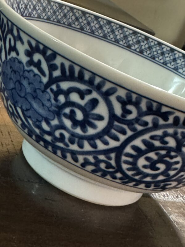 The Tako Karakusa Bowl features intricate blue floral and swirl patterns on a white background, with a geometric lattice design around the rim. It is shown partially tilted on a dark wooden surface.